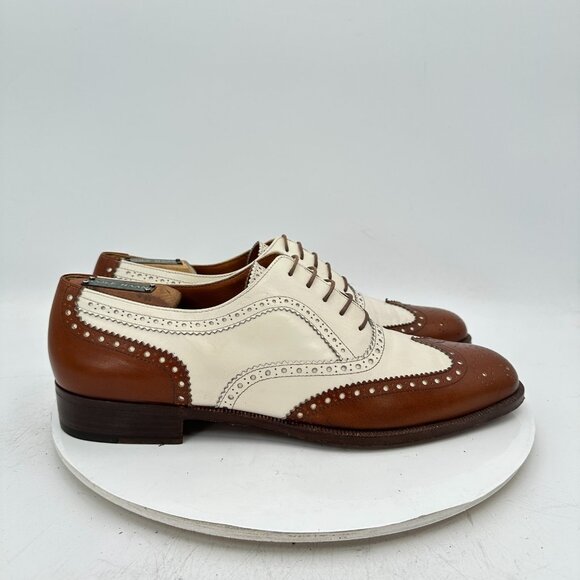 Salvatore Ferragamo Men Sz 10.5 D Brown White Leather Brogue Oxford Dress Shoes - Picture 5 of 13
